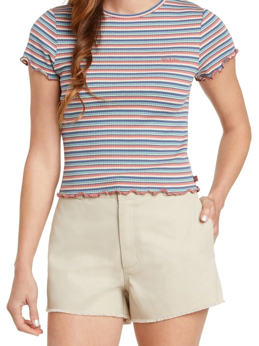 Dickies Women's Short Sleeve Striped Ribbed Tee - Red, Blue, White